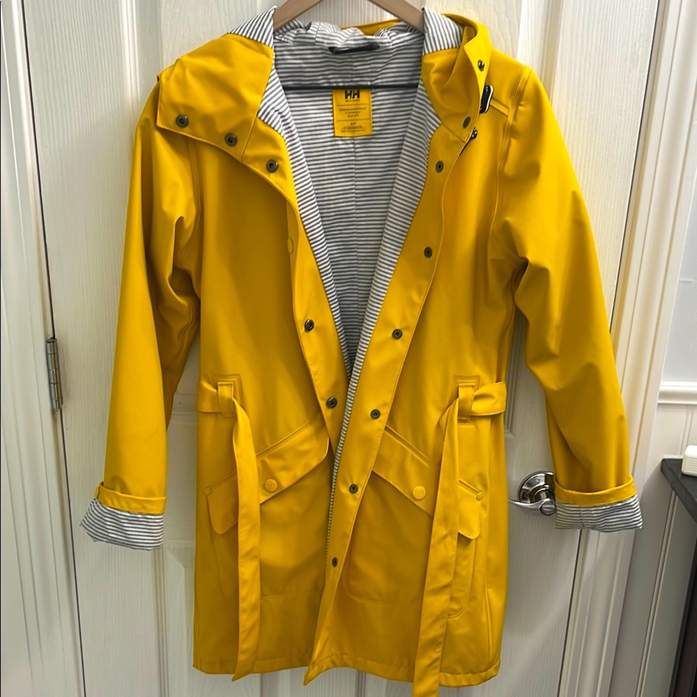 Helly Hansen Yellow Raincoat with Striped Lining.
